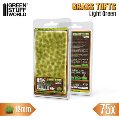Grass Tufts 12mm Light Green Green Stuff World - opakowanie blister 75 sztuk z opisem rozmiarów 6mm 12mm 22mm i skal 25mm 30mm 54mm, widok z przodu i tyłu
