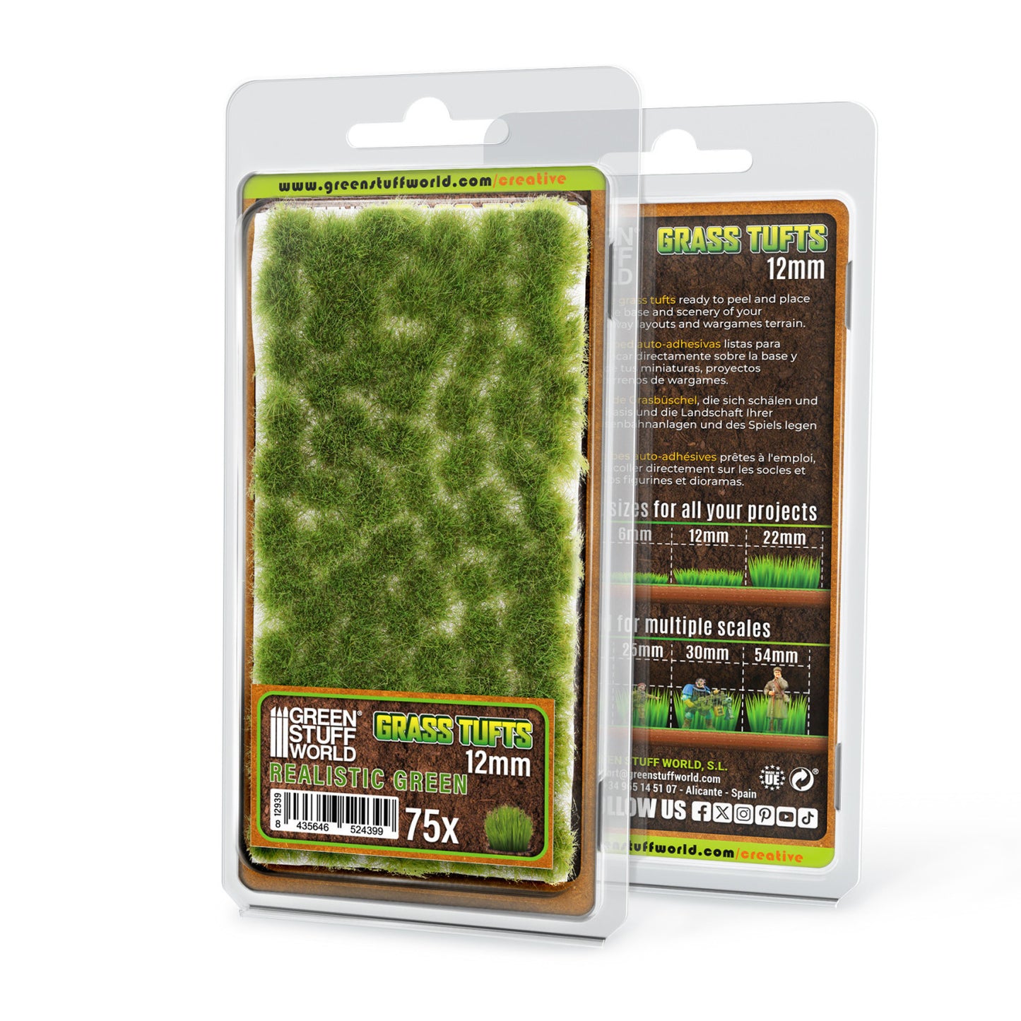 Grass Tufts 12mm Realistic Green Green Stuff World - opakowanie blister 75 sztuk, widok z przodu i tyłu z opisem rozmiarów 6mm 12mm 22mm i skal 25mm 30mm 54mm

