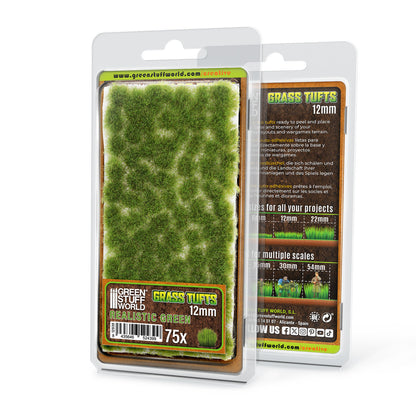 Grass Tufts 12mm Realistic Green Green Stuff World - opakowanie blister 75 sztuk, widok z przodu i tyłu z opisem rozmiarów 6mm 12mm 22mm i skal 25mm 30mm 54mm
