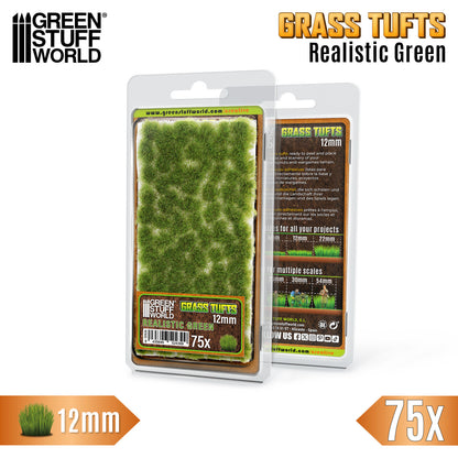 Grass Tufts 12mm Realistic Green Green Stuff World - opakowanie blister 75 sztuk z opisem rozmiarów 6mm 12mm 22mm i skal 25mm 30mm 54mm, widok z przodu i tyłu
