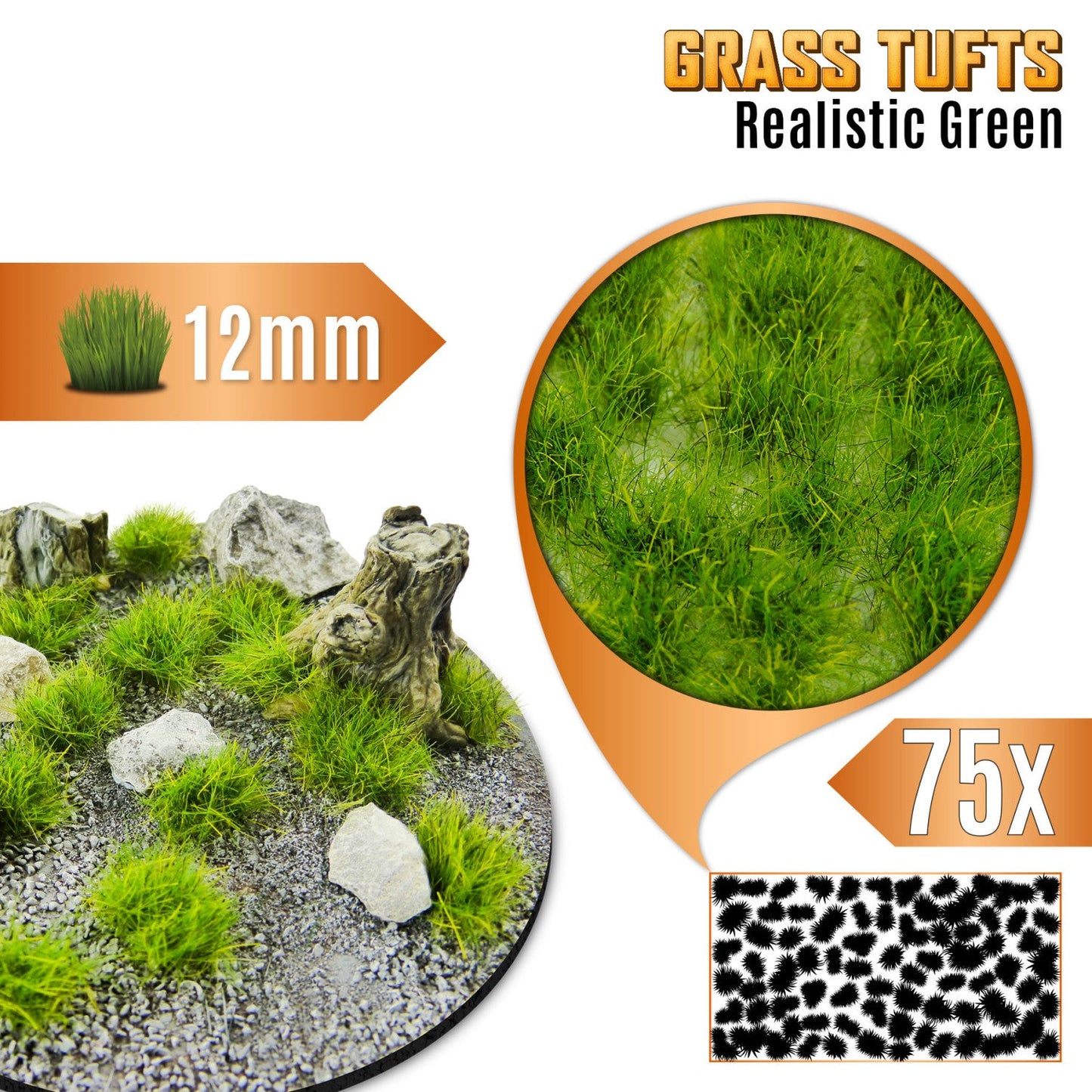 Grass Tufts 12mm Realistic Green Green Stuff World - kępki trawy na okrągłej podstawce z kamieniami i pniakami, zbliżenie na teksturę włókien i układ 75 sztuk na arkuszu
