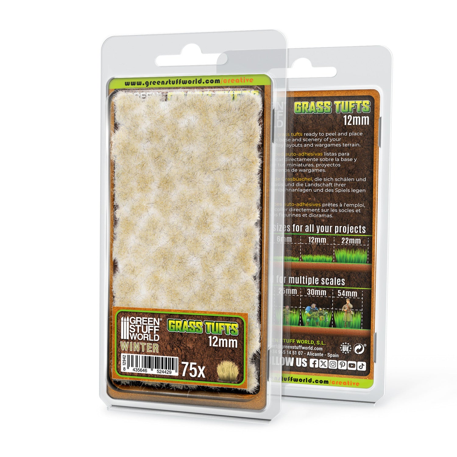 Grass Tufts 12mm Winter White Green Stuff World - opakowanie blister 75 sztuk, widok z przodu i tyłu z opisem rozmiarów 6mm 12mm 22mm i skal 25mm 30mm 54mm
