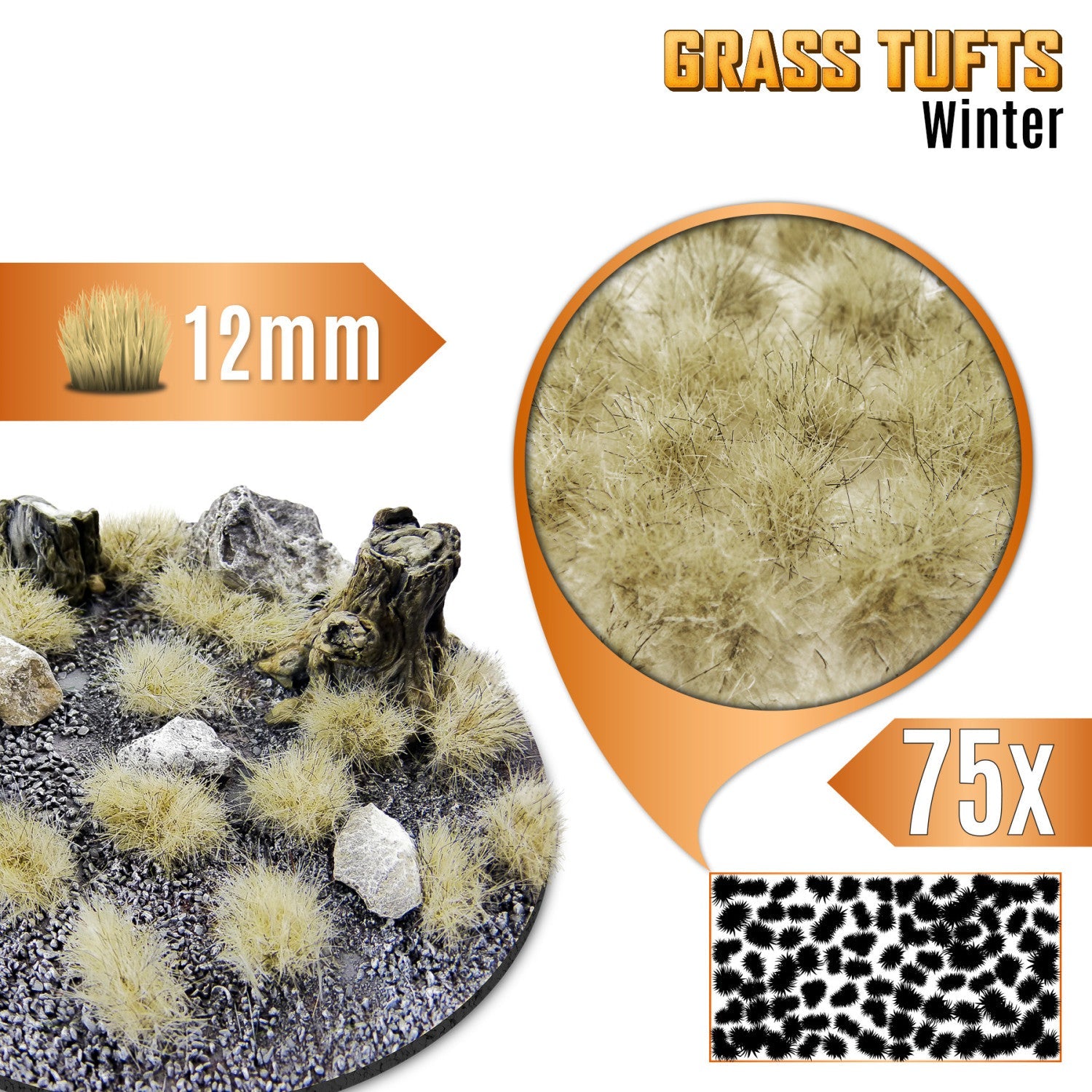 Grass Tufts 12mm Winter White Green Stuff World - kępki zimowej trawy na okrągłej podstawce z kamieniami i pniakami, zbliżenie na teksturę włókien i układ 75 sztuk na arkuszu
