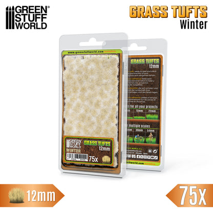 Grass Tufts 12mm Winter White Green Stuff World - opakowanie blister 75 sztuk z opisem rozmiarów 6mm 12mm 22mm i skal 25mm 30mm 54mm, widok z przodu i tyłu
