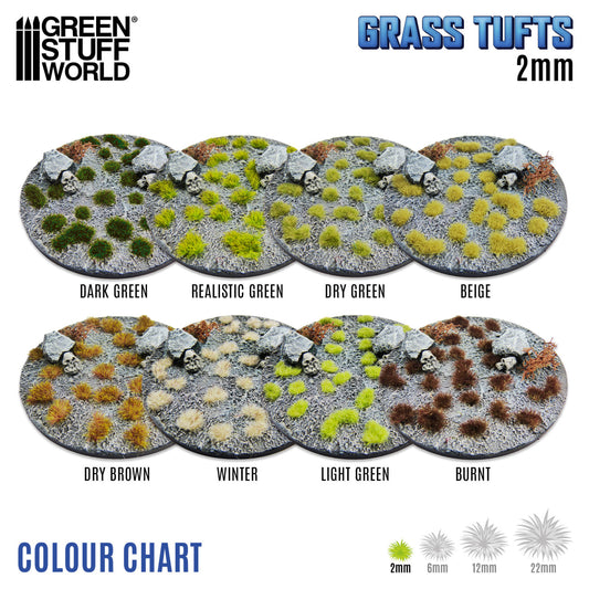 Dry Green Grass Tufts GSW - tufty 2mm paleta kolorów Colour Chart - Greenstuff World