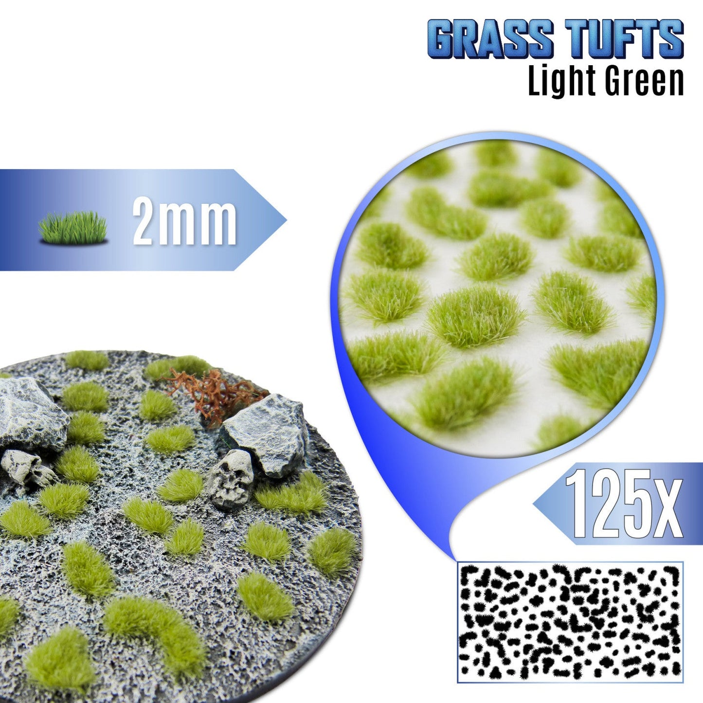 Light Green Grass Tufts 2mm GSW - jasnozielone kępki trawy przyklejone na okrągłej podstawce miniatur z kamieniami