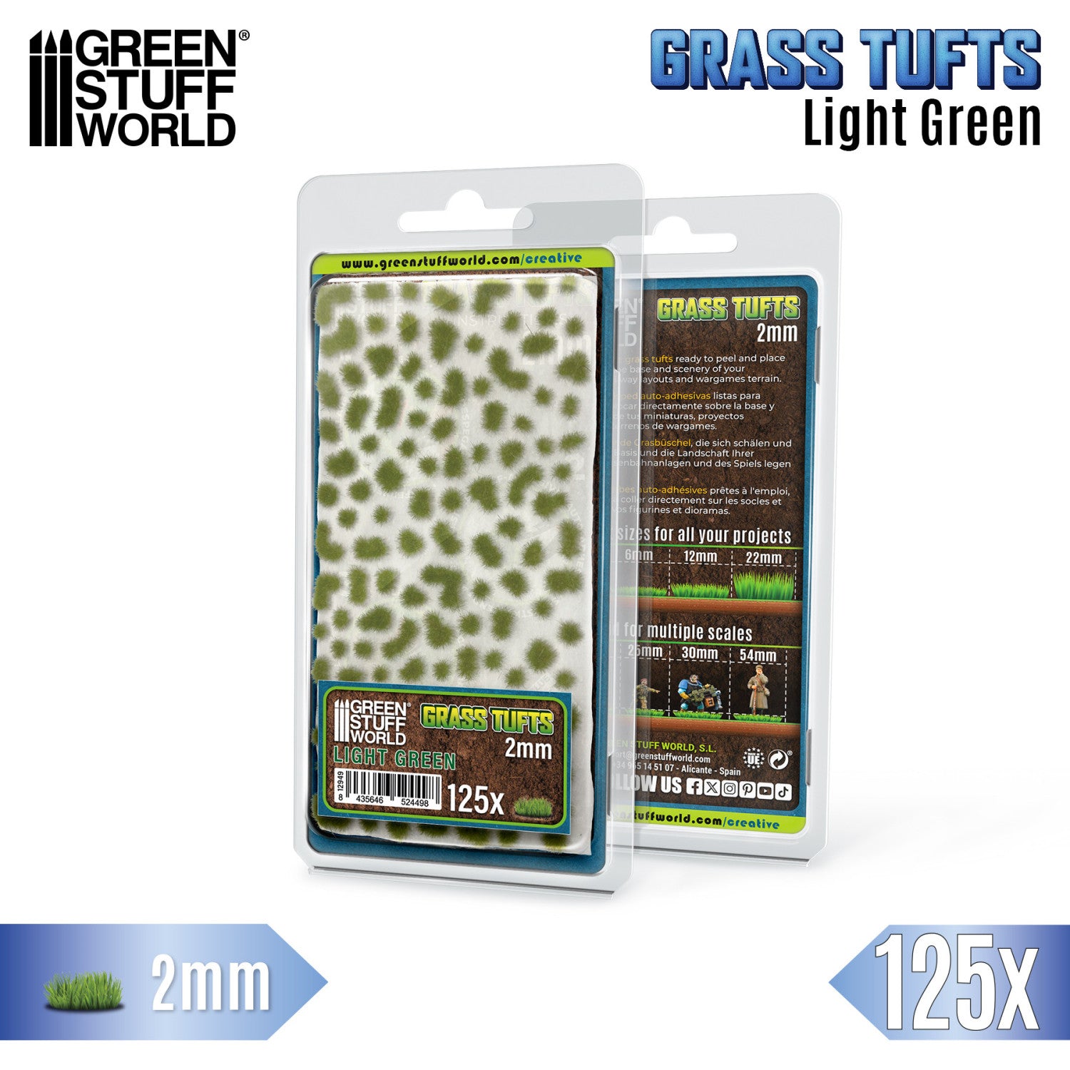 Green Stuff World Light Green Grass Tufts 2mm – oryginalne zdjęcie produktu od producenta, arkusz samoprzylepnych jasnozielonych kępek trawy statycznej 2mm