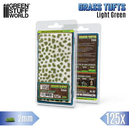 Green Stuff World Light Green Grass Tufts 2mm – oryginalne zdjęcie produktu od producenta, arkusz samoprzylepnych jasnozielonych kępek trawy statycznej 2mm