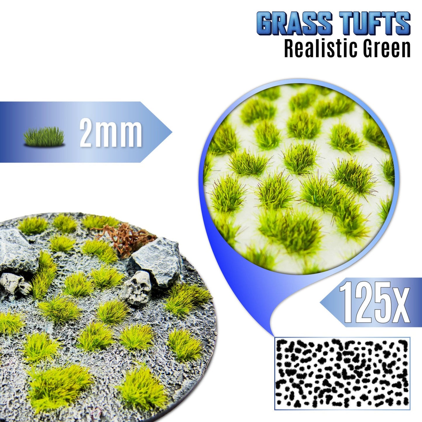 Realistic Green Grass Tufts 2mm GSW - jasnozielone kępki realistycznej trawy przyklejone na okrągłej podstawce miniatur z kamieniami