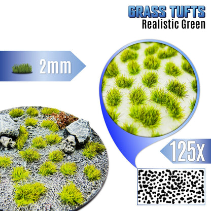 Realistic Green Grass Tufts 2mm GSW - jasnozielone kępki realistycznej trawy przyklejone na okrągłej podstawce miniatur z kamieniami