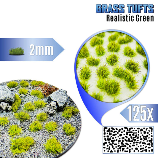 Realistic Green Grass Tufts 2mm GSW - jasnozielone kępki realistycznej trawy przyklejone na okrągłej podstawce miniatur z kamieniami