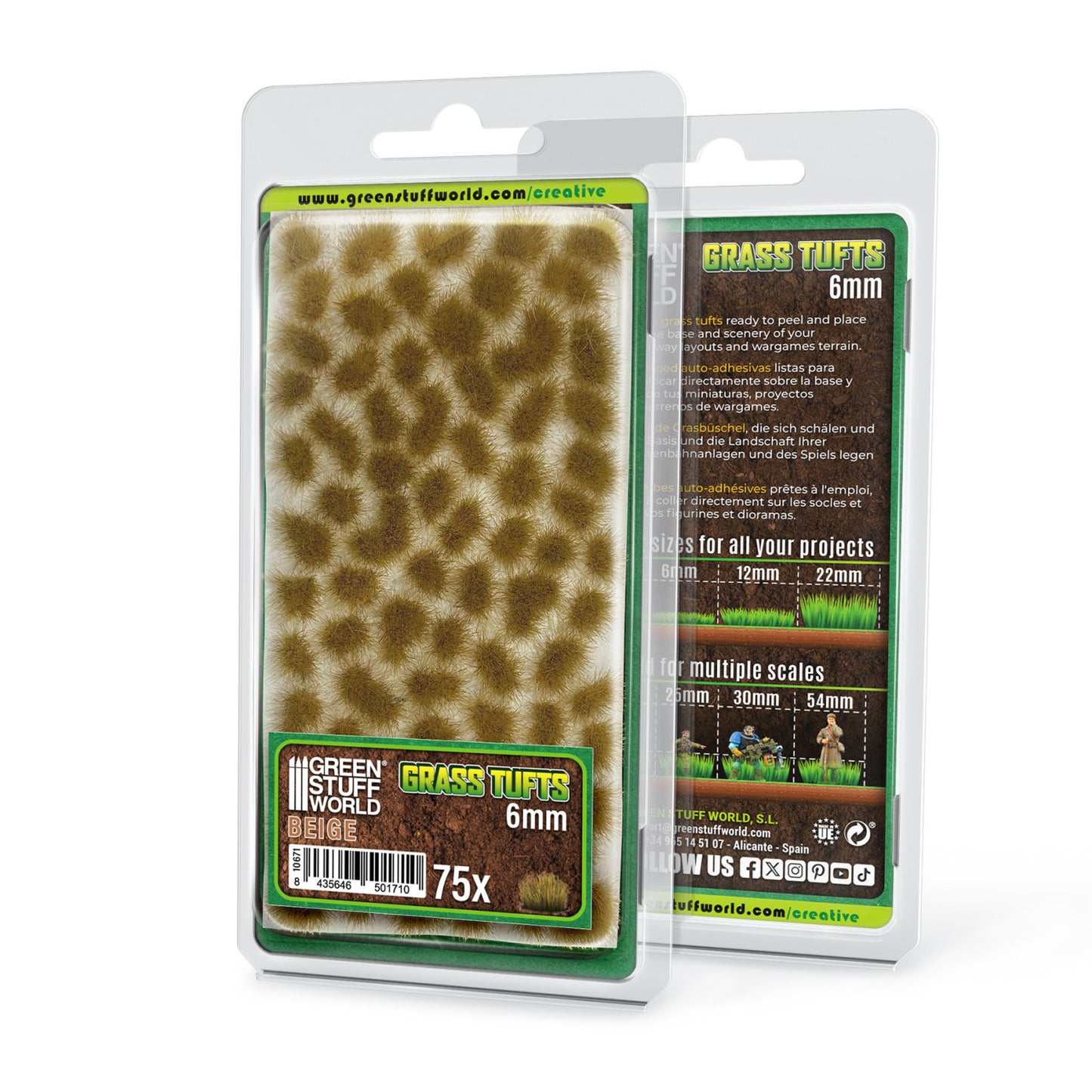 Grass Tufts 6mm Beige Green Stuff World - opakowanie blister 75 sztuk, widok z przodu i tyłu z opisem rozmiarów 6mm 12mm 22mm i skal 25mm 30mm 54mm
