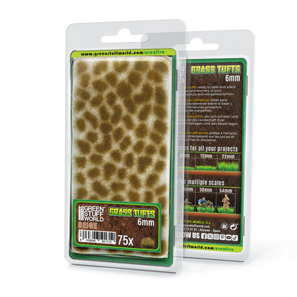 Grass Tufts 6mm Beige Green Stuff World - opakowanie blister 75 sztuk, widok z przodu i tyłu z opisem rozmiarów 6mm 12mm 22mm i skal 25mm 30mm 54mm
