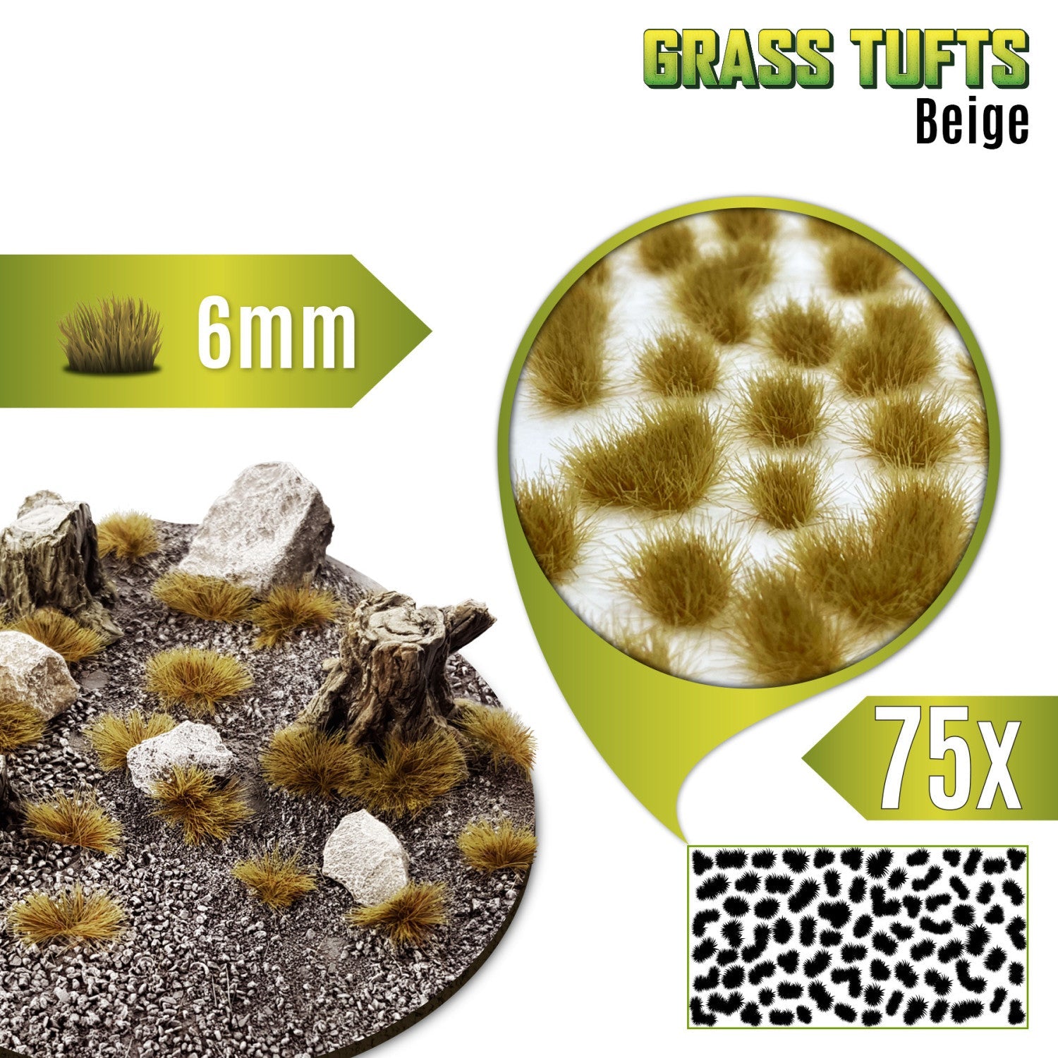 Grass Tufts 6mm Beige Green Stuff World - kępki beżowej trawy na okrągłej podstawce z kamieniami i pniakami, zbliżenie na teksturę włókien i układ 75 sztuk na arkuszu
