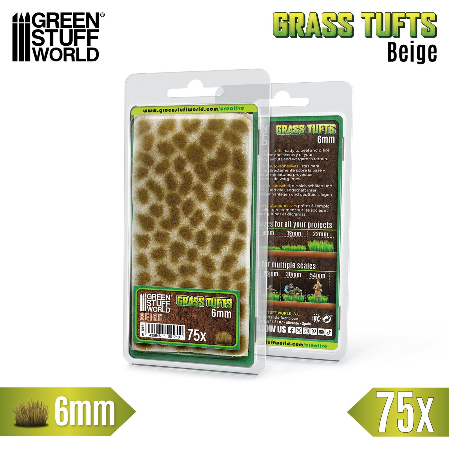 Grass Tufts 6mm Beige Green Stuff World - opakowanie blister 75 sztuk z opisem rozmiarów 6mm 12mm 22mm i skal 25mm 30mm 54mm, widok z przodu i tyłu
