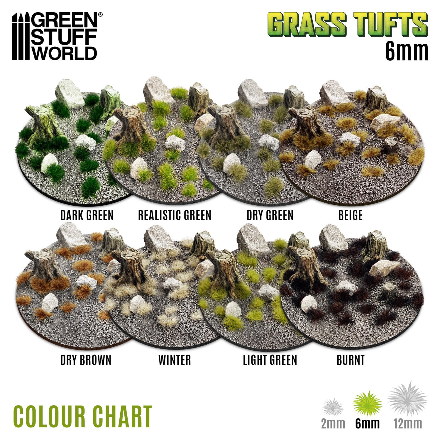 Grass Tufts 6mm Green Stuff World - paleta kolorów serii: Dark Green, Realistic Green, Dry Green, Beige, Dry Brown, Winter, Light Green, Burnt, rozmiary 2mm 6mm 12mm
