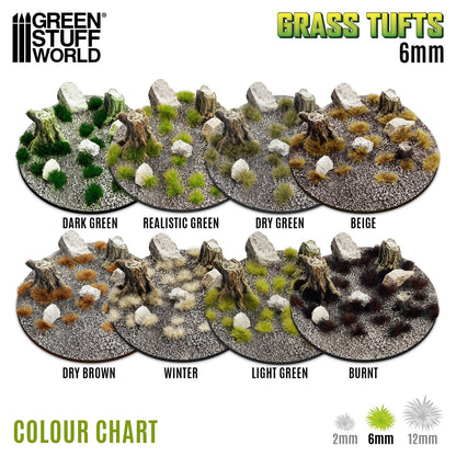 Grass Tufts 6mm Green Stuff World - paleta kolorów serii: Dark Green, Realistic Green, Dry Green, Beige, Dry Brown, Winter, Light Green, Burnt, rozmiary 2mm 6mm 12mm
