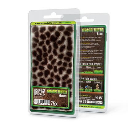 Grass Tufts 6mm Burnt Brown Green Stuff World - opakowanie blister 75 sztuk, widok z przodu i tyłu z opisem rozmiarów 6mm 12mm 22mm i skal 25mm 30mm 54mm
