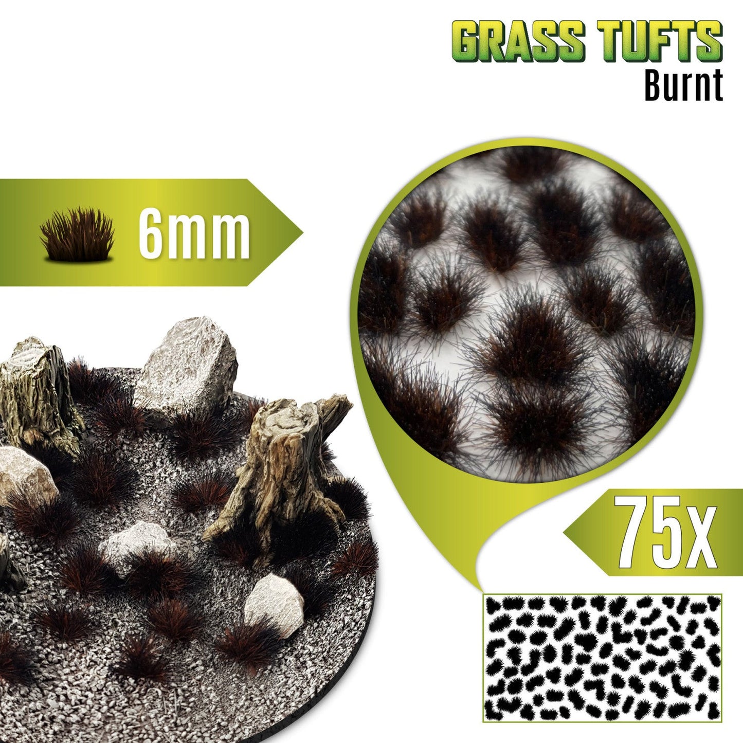Grass Tufts 6mm Burnt Brown Green Stuff World - kępki spalonej ciemnobrunatnej trawy na okrągłej podstawce z kamieniami i pniakiem, zbliżenie na teksturę włókien i układ 75 sztuk na arkuszu
