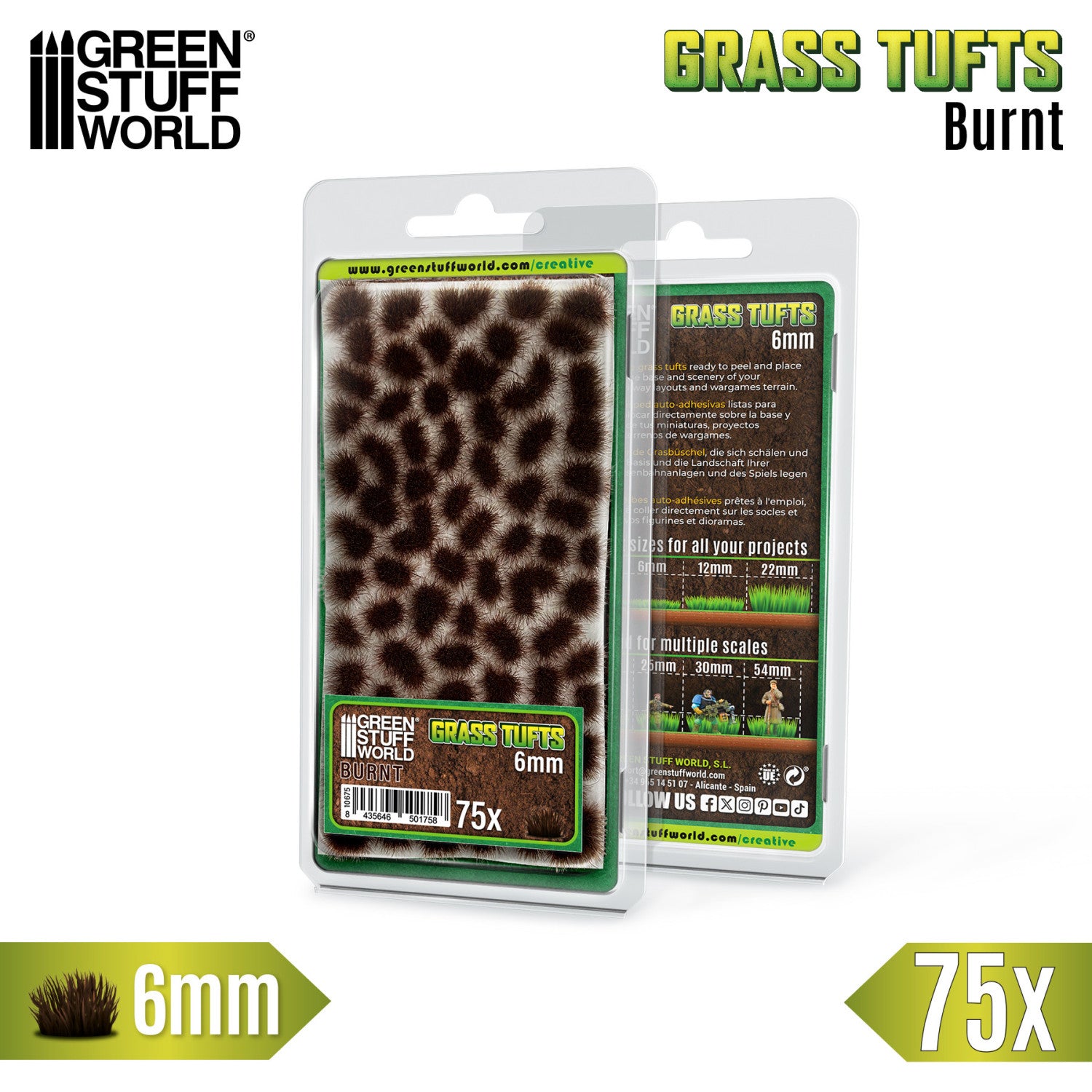 Grass Tufts 6mm Burnt Brown Green Stuff World - opakowanie blister 75 sztuk z opisem rozmiarów 6mm 12mm 22mm i skal 25mm 30mm 54mm, widok z przodu i tyłu
