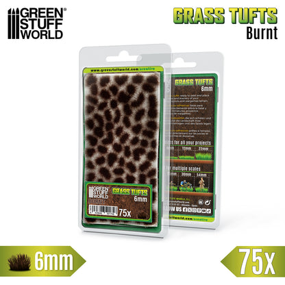 Grass Tufts 6mm Burnt Brown Green Stuff World - opakowanie blister 75 sztuk z opisem rozmiarów 6mm 12mm 22mm i skal 25mm 30mm 54mm, widok z przodu i tyłu
