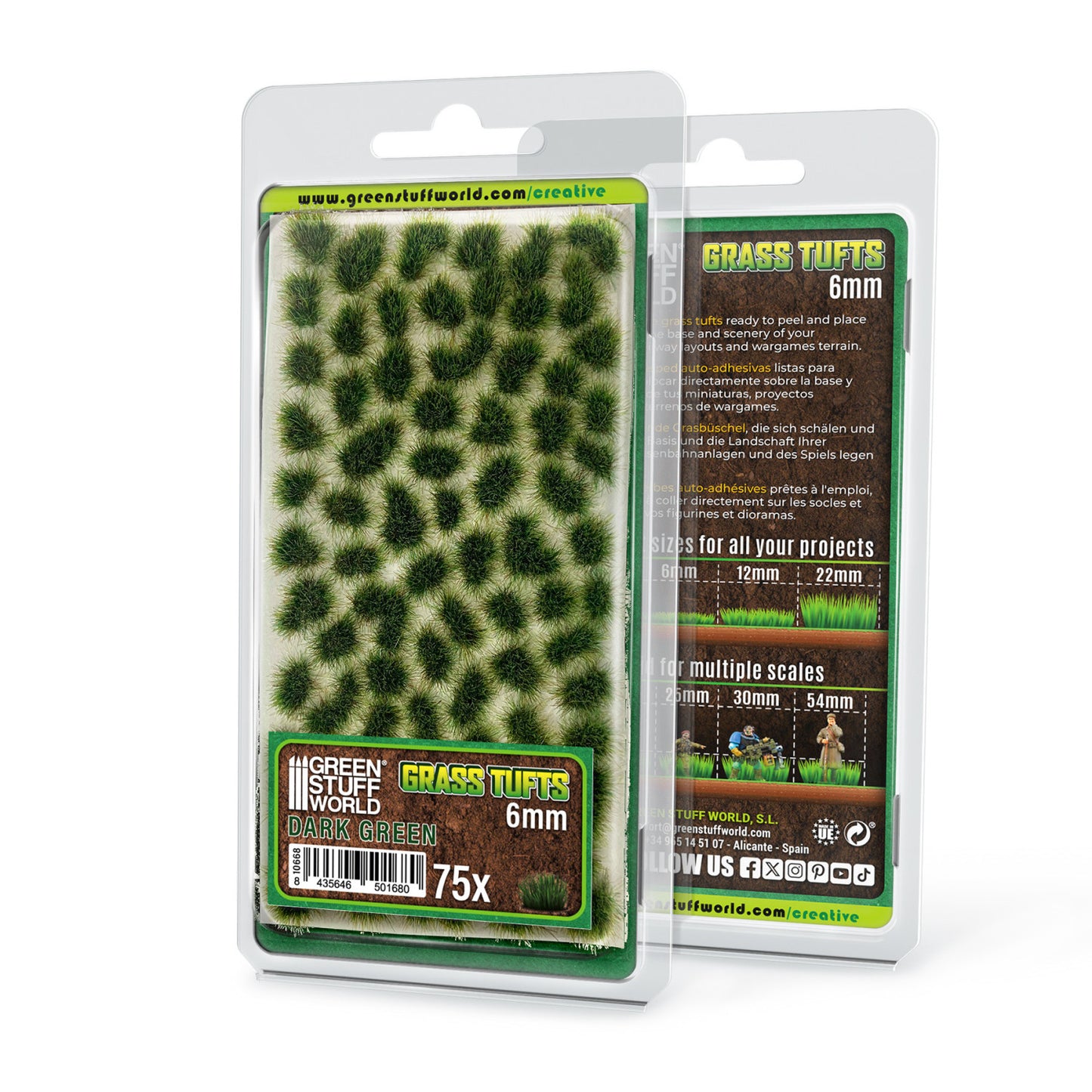Grass Tufts 6mm Dark Green Green Stuff World - opakowanie blister 75 sztuk, widok z przodu i tyłu z opisem rozmiarów 6mm 12mm 22mm i skal 25mm 30mm 54mm
