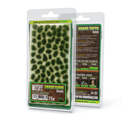 Grass Tufts 6mm Dark Green Green Stuff World - opakowanie blister 75 sztuk, widok z przodu i tyłu z opisem rozmiarów 6mm 12mm 22mm i skal 25mm 30mm 54mm
