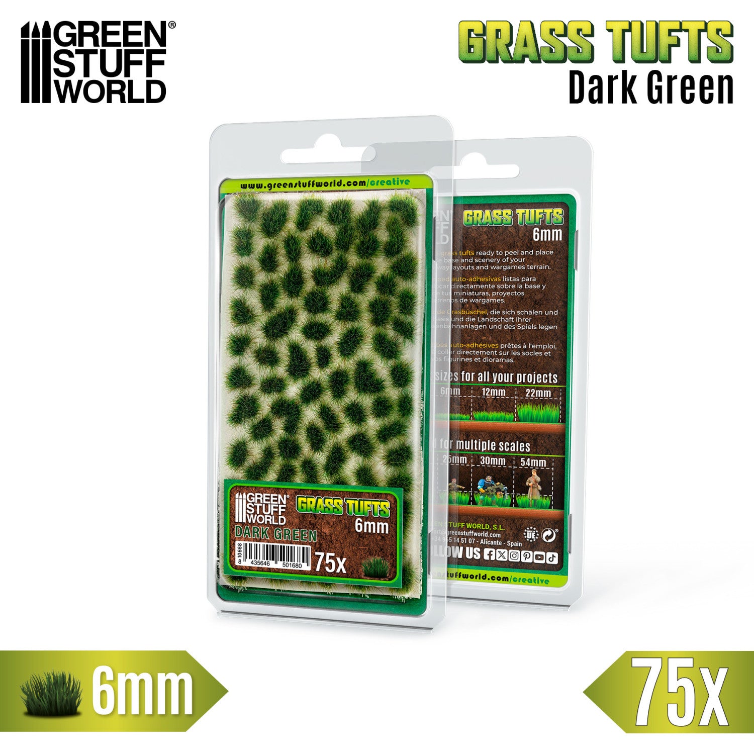 Grass Tufts 6mm Dark Green Green Stuff World - opakowanie blister 75 sztuk z opisem rozmiarów 6mm 12mm 22mm i skal 25mm 30mm 54mm, widok z przodu i tyłu
