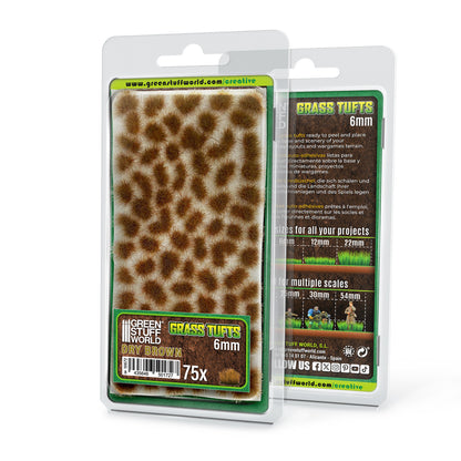 Grass Tufts 6mm Dry Brown Green Stuff World - opakowanie blister 75 sztuk, widok z przodu i tyłu z opisem rozmiarów 6mm 12mm 22mm i skal 25mm 30mm 54mm
