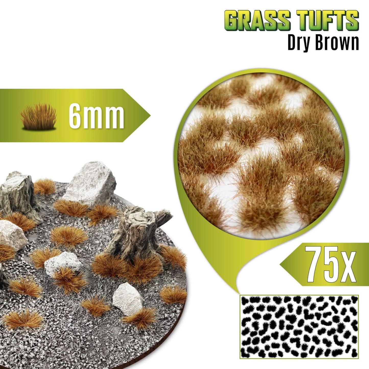 Grass Tufts 6mm Dry Brown Green Stuff World - kępki suchej brązowej trawy na okrągłej podstawce z kamieniami i pniakiem, zbliżenie na teksturę włókien i układ 75 sztuk na arkuszu
