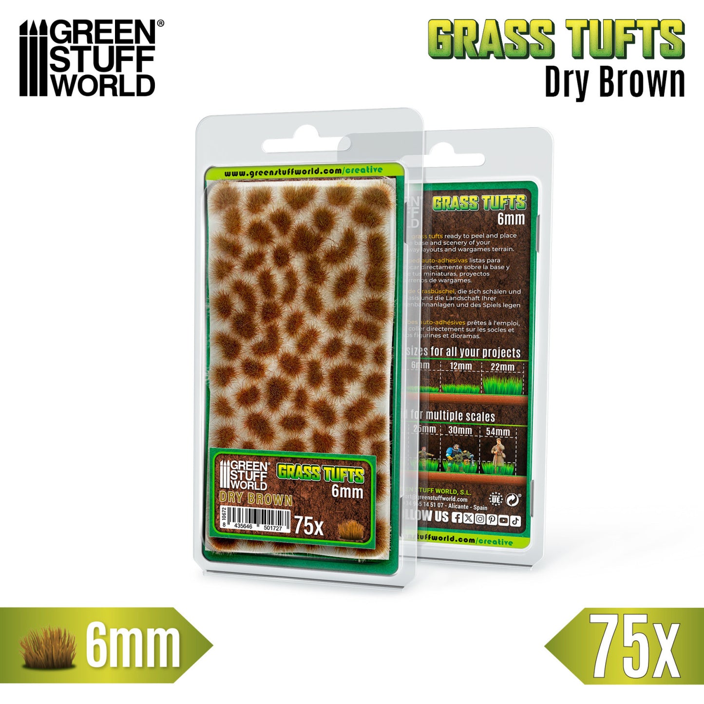 Grass Tufts 6mm Dry Brown Green Stuff World - opakowanie blister 75 sztuk z opisem rozmiarów 6mm 12mm 22mm i skal 25mm 30mm 54mm, widok z przodu i tyłu
