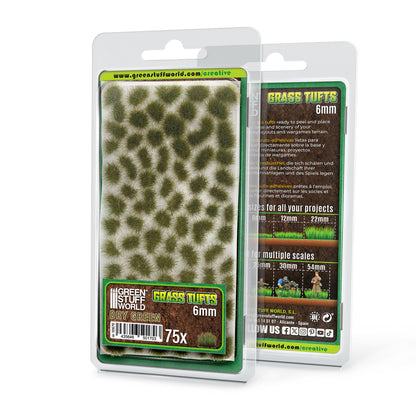 Grass Tufts 6mm Dry Green Green Stuff World - opakowanie blister 75 sztuk, widok z przodu i tyłu z opisem rozmiarów 6mm 12mm 22mm i skal 25mm 30mm 54mm
