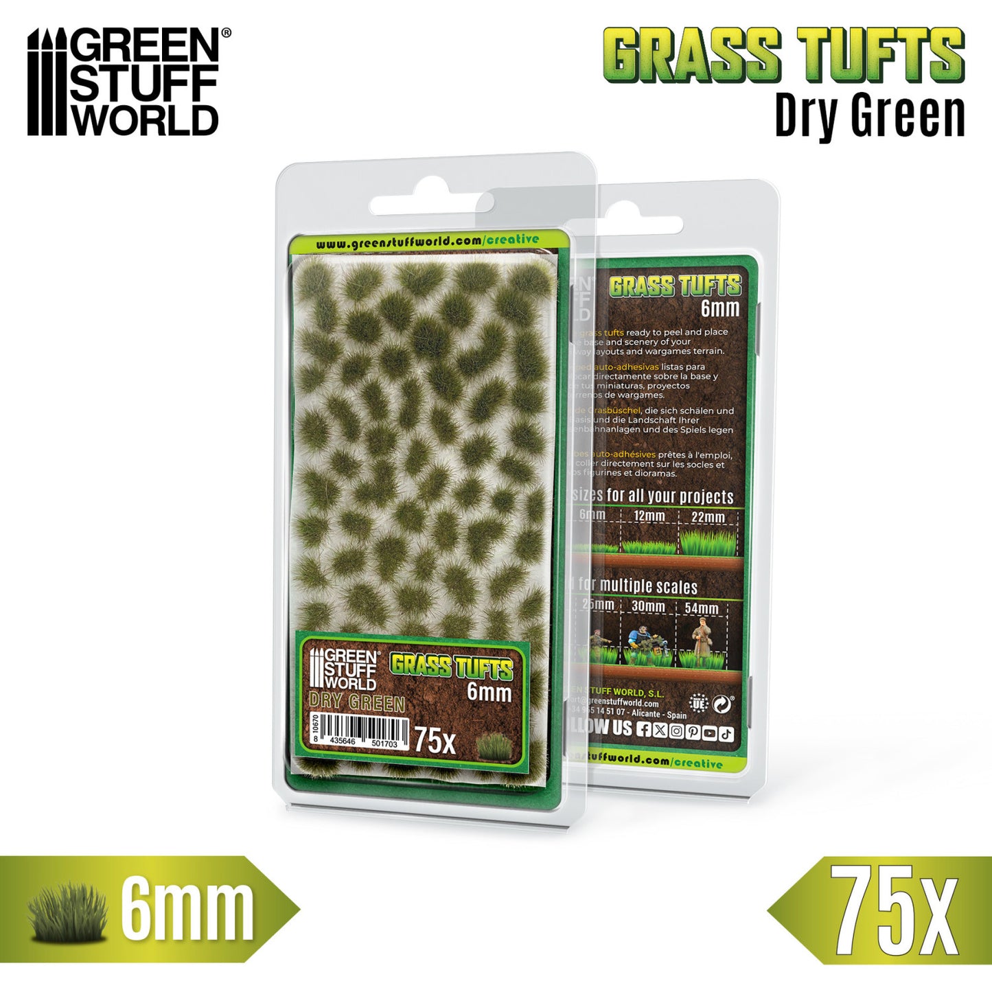 Grass Tufts 6mm Dry Green Green Stuff World - opakowanie blister 75 sztuk z opisem rozmiarów 6mm 12mm 22mm i skal 25mm 30mm 54mm, widok z przodu i tyłu
