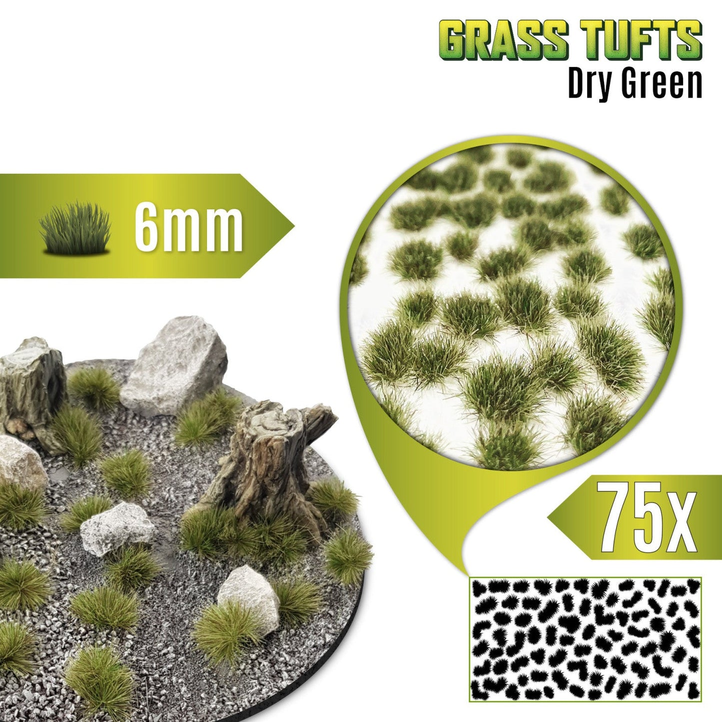 Grass Tufts 6mm Dry Green Green Stuff World - kępki suchej zielonej trawy na okrągłej podstawce z kamieniami i pniakiem, zbliżenie na teksturę włókien i układ 75 sztuk na arkuszu
