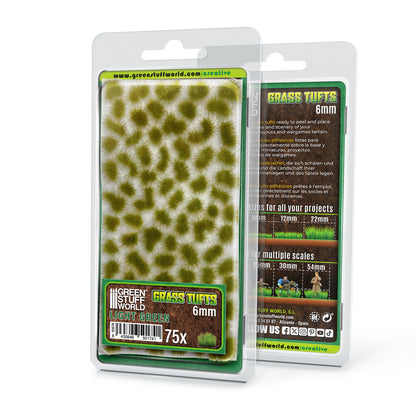 Grass Tufts 6mm Light Green Green Stuff World - opakowanie blister 75 sztuk, widok z przodu i tyłu z opisem rozmiarów 6mm 12mm 22mm i skal 25mm 30mm 54mm
