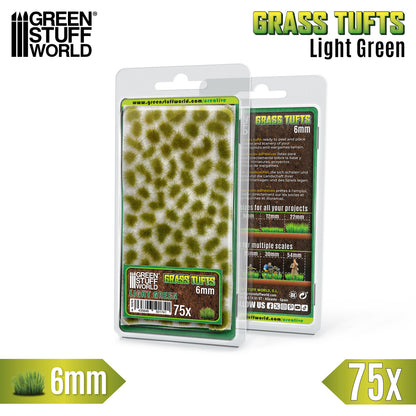 Grass Tufts 6mm Light Green Green Stuff World - opakowanie blister 75 sztuk z opisem rozmiarów 6mm 12mm 22mm i skal 25mm 30mm 54mm, widok z przodu i tyłu
