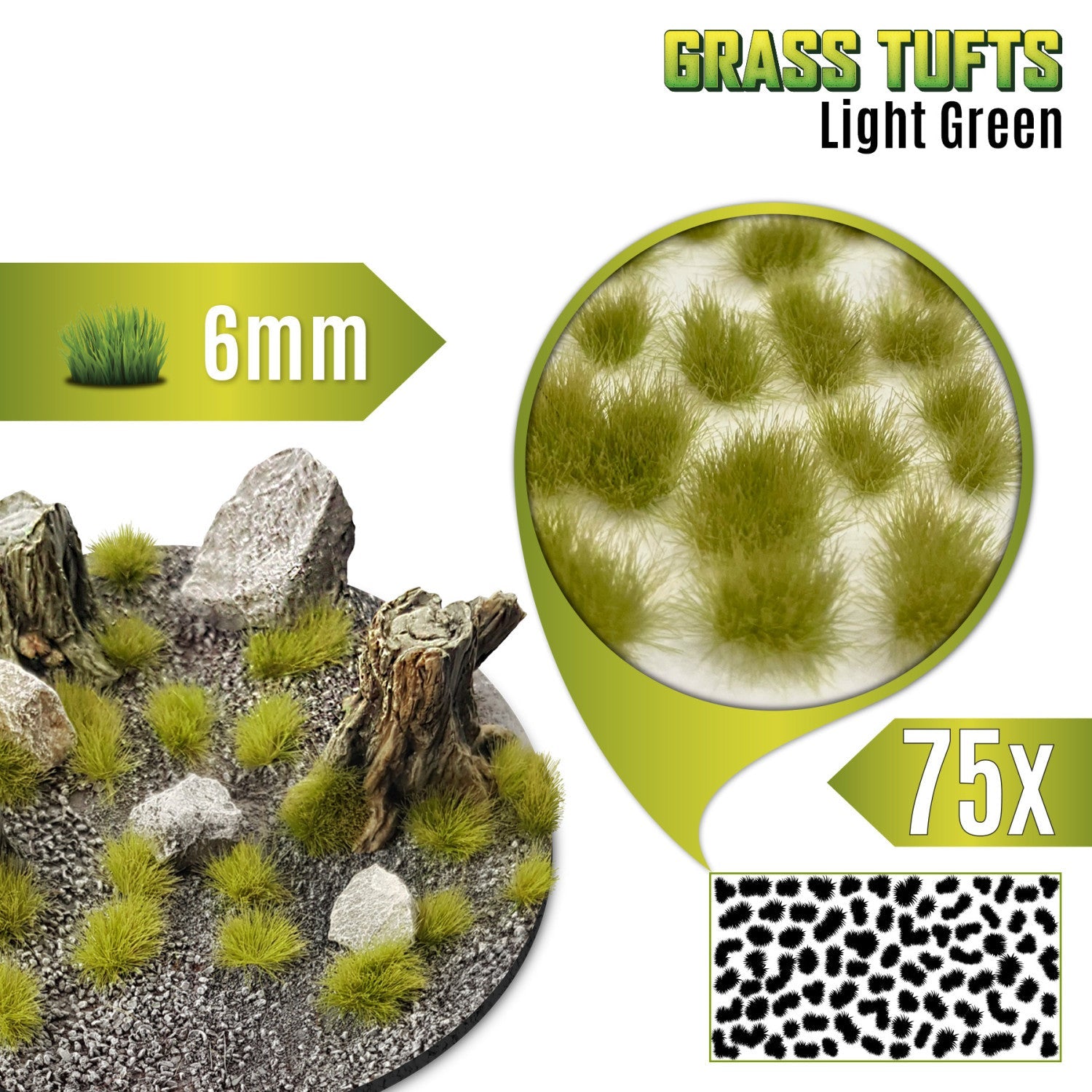 Grass Tufts 6mm Light Green Green Stuff World - kępki jasnozielonej trawy na okrągłej podstawce z kamieniami i pniakami, zbliżenie na teksturę włókien i układ 75 sztuk na arkuszu
