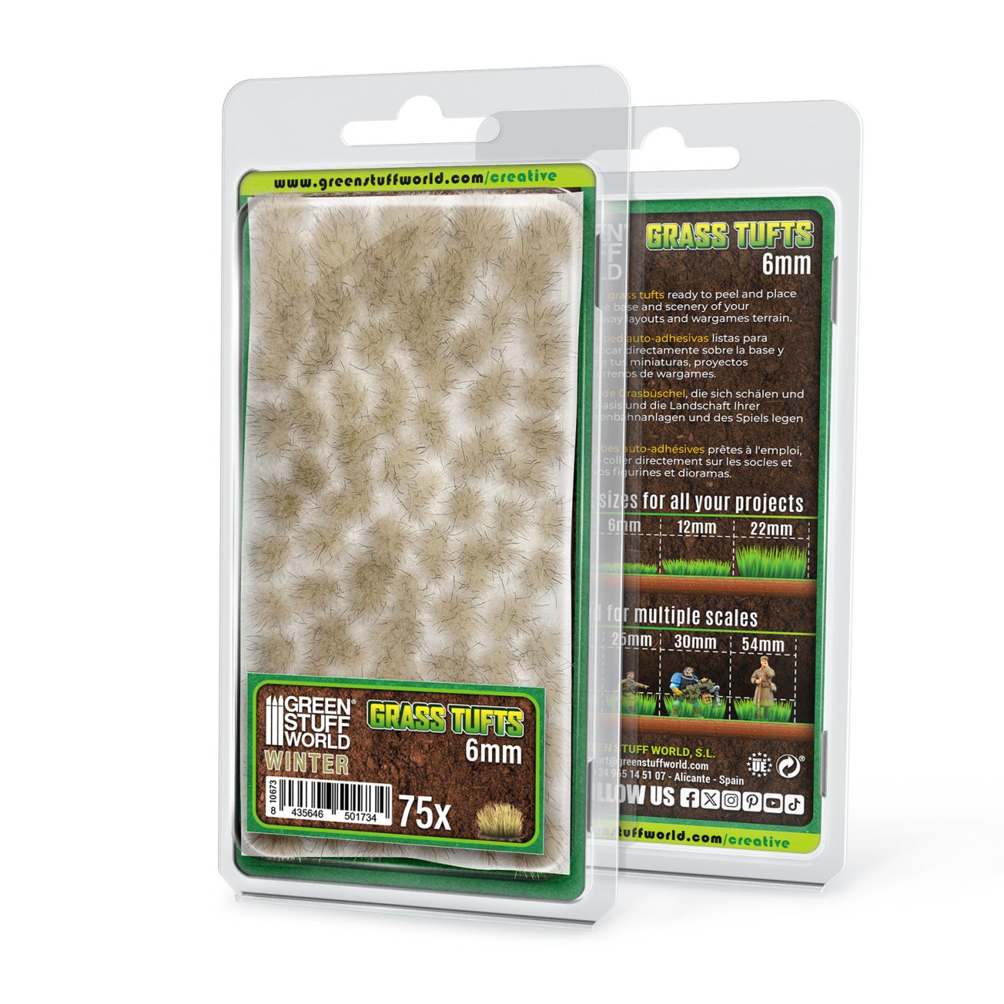 Grass Tufts 6mm Winter White Green Stuff World - opakowanie blister 75 sztuk, widok z przodu i tyłu z opisem rozmiarów 6mm 12mm 22mm i skal 25mm 30mm 54mm
