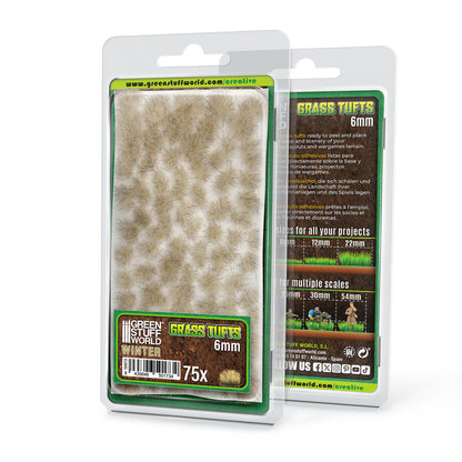 Grass Tufts 6mm Winter White Green Stuff World - opakowanie blister 75 sztuk, widok z przodu i tyłu z opisem rozmiarów 6mm 12mm 22mm i skal 25mm 30mm 54mm
