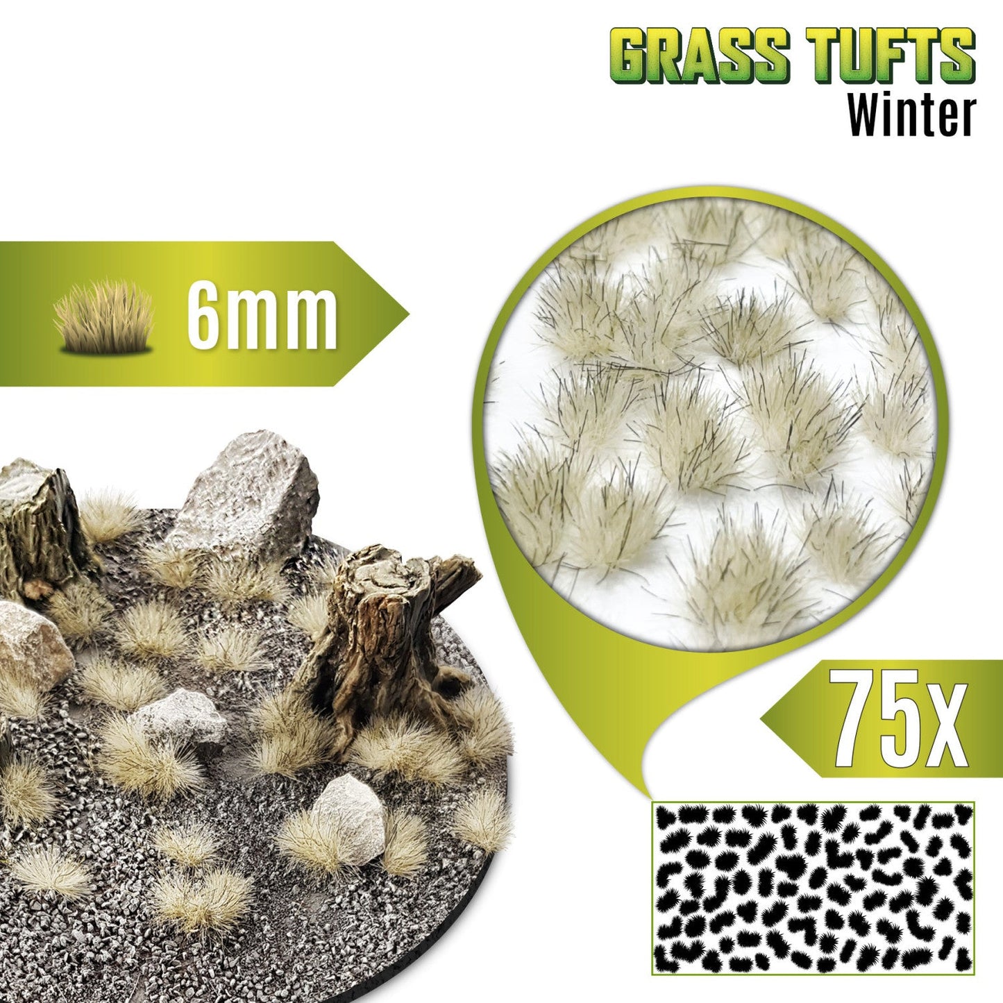 Grass Tufts 6mm Winter White Green Stuff World - kępki zimowej białawej trawy na okrągłej podstawce z kamieniami i pniakiem pokrytym szronem, zbliżenie na teksturę włókien i układ 75 sztuk na arkuszu
