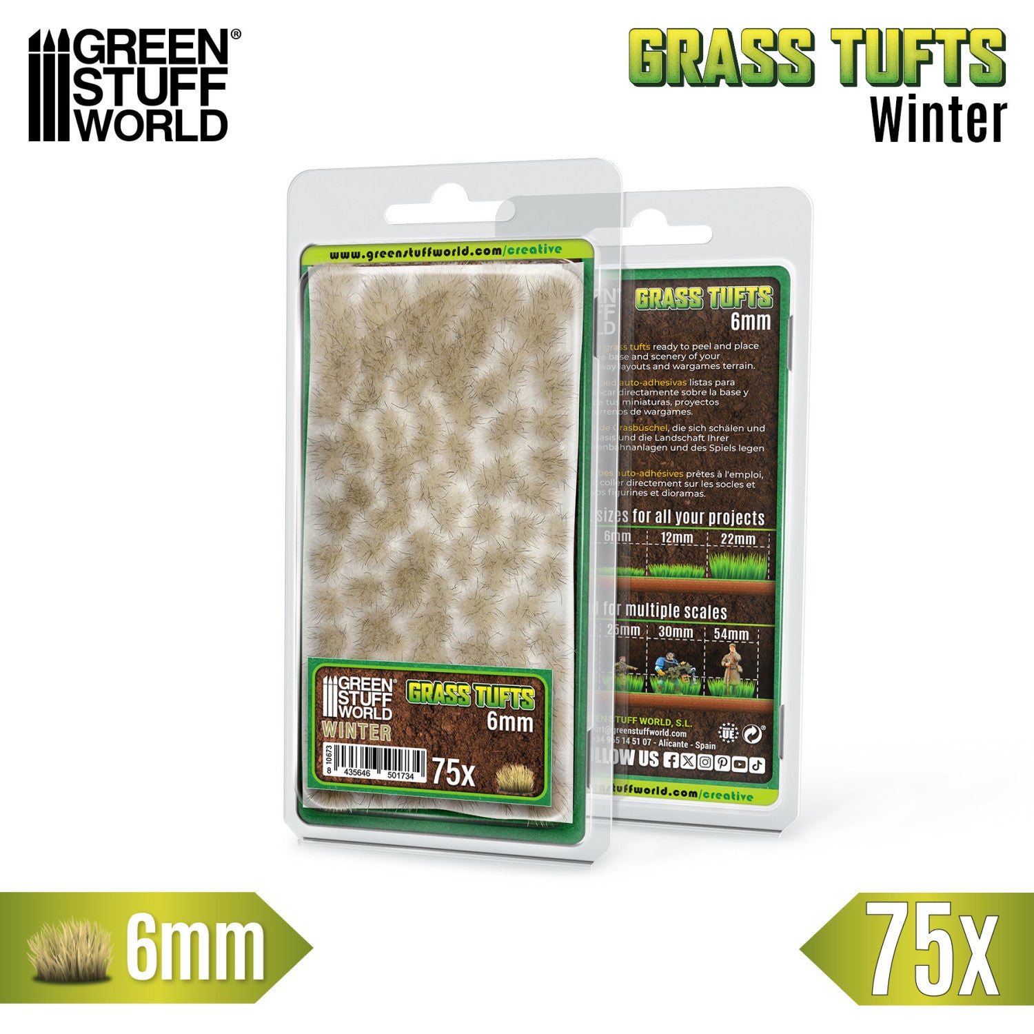 Grass Tufts 6mm Winter White Green Stuff World - opakowanie blister 75 sztuk z opisem rozmiarów 6mm 12mm 22mm i skal 25mm 30mm 54mm, widok z przodu i tyłu
