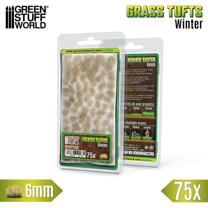 Grass Tufts 6mm Winter White Green Stuff World - opakowanie blister 75 sztuk z opisem rozmiarów 6mm 12mm 22mm i skal 25mm 30mm 54mm, widok z przodu i tyłu
