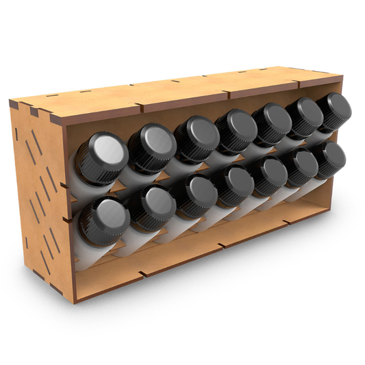 Horizontal Paint Organizer COMPACT GSW - 14 butelek 30ml w pozycji odwróconej, widok frontalny
