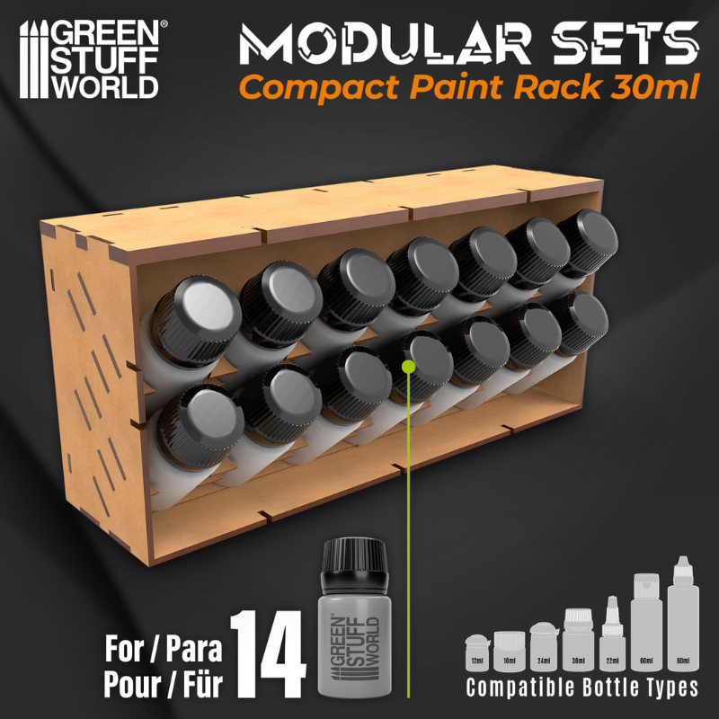 Organizer na farby Green Stuff World COMPACT - infografika kompatybilność butelek 10-60ml
