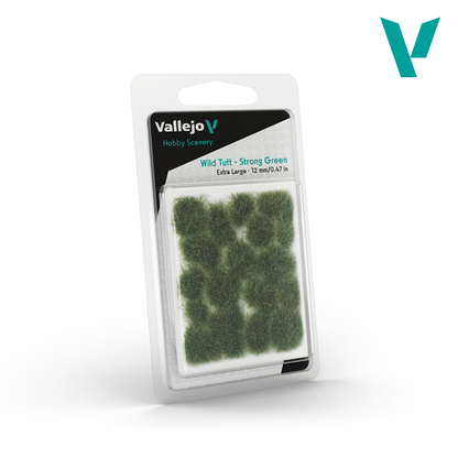 Wild Tuft Strong Green 12mm XL Vallejo Scenery - opakowanie blister z 17 intensywnie zielonymi kępkami trawy Extra Large i oznaczeniem 12mm 0.47in
