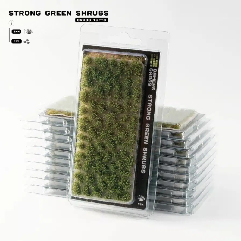 Strong Green Shrubs 6mm Gamers Grass - opakowanie blister ze stosem produktów, widok z przodu z arkuszem 75 intensywnie zielonych kępek krzewów i oznaczeniem 6mm 75x
