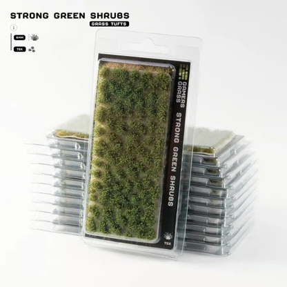 Strong Green Shrubs 6mm Gamers Grass - opakowanie blister ze stosem produktów, widok z przodu z arkuszem 75 intensywnie zielonych kępek krzewów i oznaczeniem 6mm 75x
