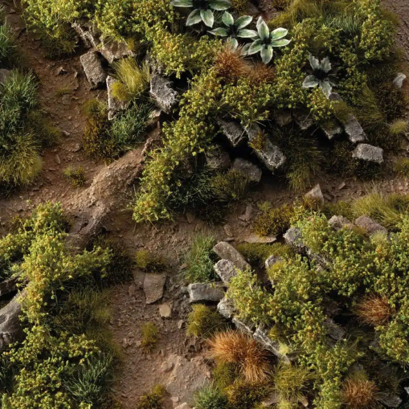 Strong Green Shrubs 6mm Gamers Grass - diorama leśna z kamieniami i ścieżką pokryta gęstymi intensywnie zielonymi kępkami krzewów tworzącymi klimat wilgotnego lasu umiarkowanego
