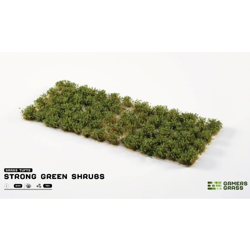 Strong Green Shrubs 6mm Gamers Grass - arkusz kępek krzewów na białym tle z logo Gamers Grass i opisem produktu: Grass Tufts 6mm 75x
