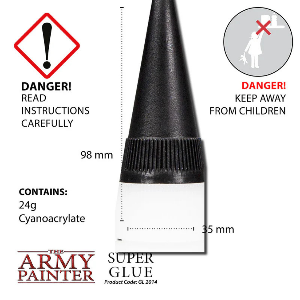 The Army Painter Super Glue GL2014 – specyfikacja: 98mm długość, 35mm szerokość, 24g cyjanoakrylan, ostrzeżenia bezpieczeństwa DANGER
